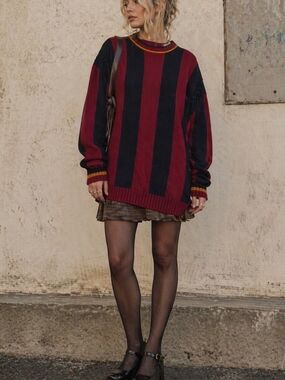London Fog Vintage Oversized Striped Knit Sweater Retro Electric Grandpa Indie